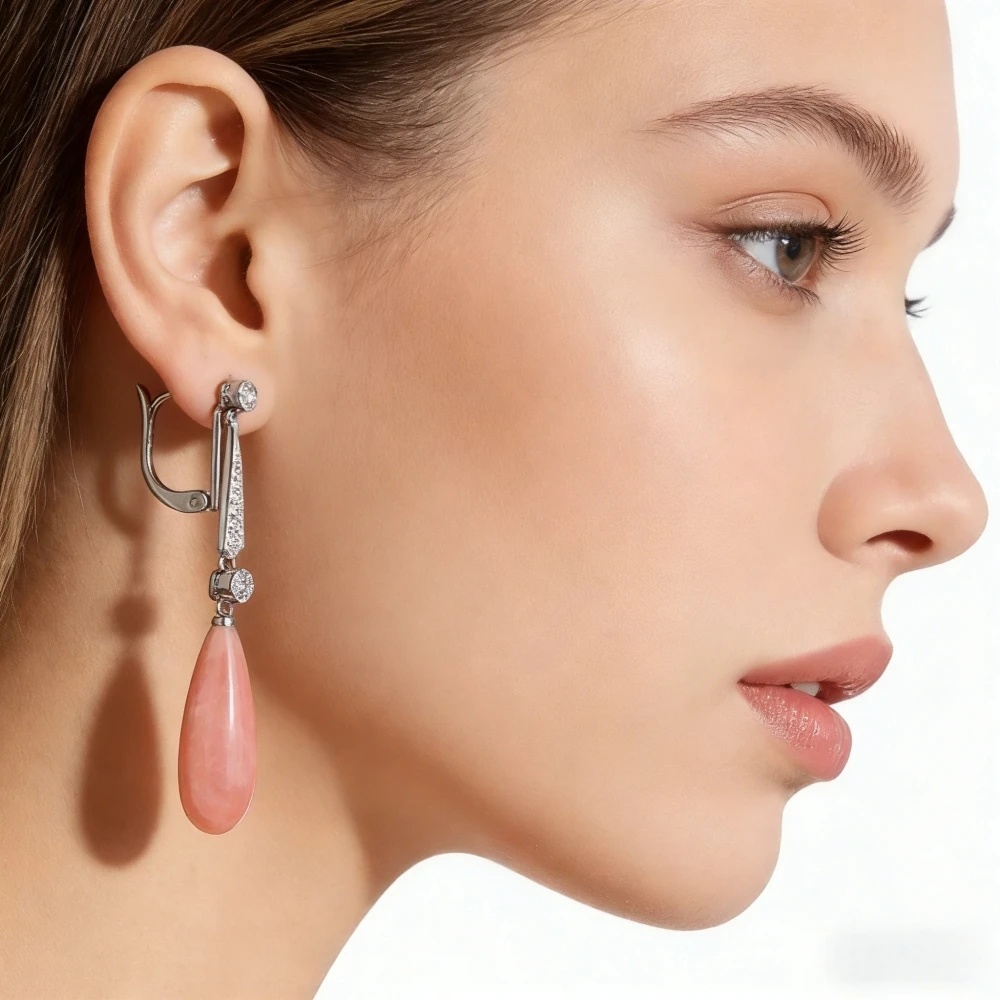 Delicate Long Teardrop Pink Orange Stone Earrings Artistic Jewelry Bright Silver Color Crystal Coral Statement Earring Femme view 2