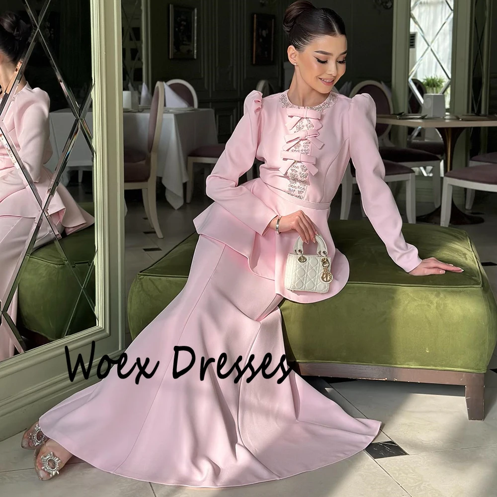 Aangepaste roze jersey met strik jersey avondjurk kristal volledige mouwen trompet galajurk eenvoudige enkellange feestjurken