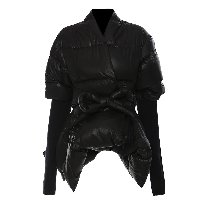 Spliced Padded Coat Women's Knitted Cuff Cinched Waist Zip Up Fall Winter Daily Streetwear Trendy Fashion Hot New Luxe Coats