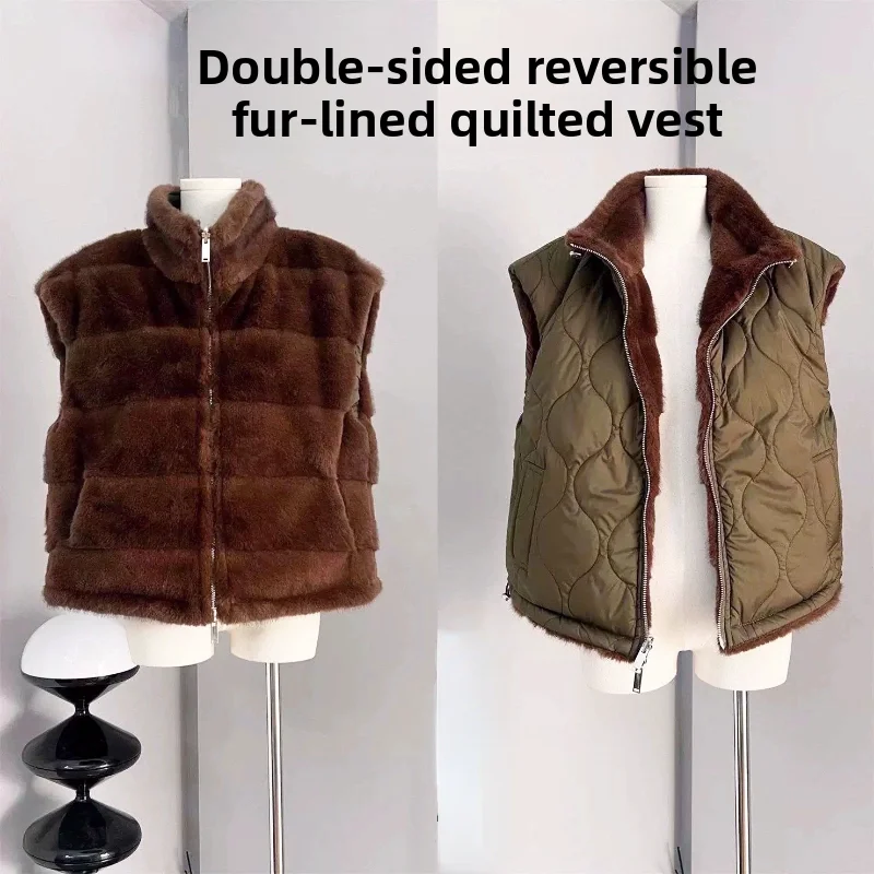 

Double-Sided Luxury Fur Vest Winter Warm Zipper Quilted Cotton Insert Stand Collar Sle Commute Thiened No-Sve Coat