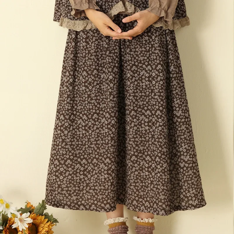 Vintage Mori Girl Fall Cotton Linen A Line Long Skirt Elegant Aesthetic Cottage Core Gypsy Hippie Boho Chic Ibiza Brown Skirt