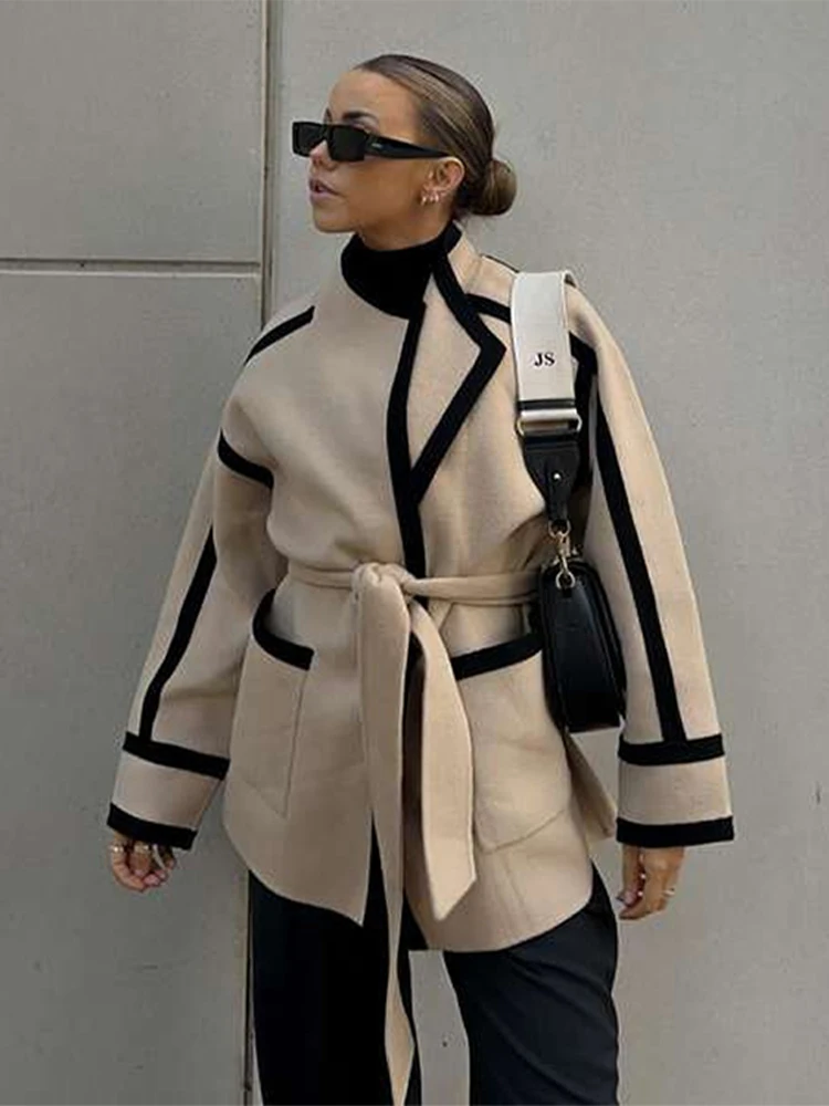 New Spliced Contrast Woolen Coat Women Long Sleeve Thicken Jacket with Belt Pockets 2024 Autumn Casual Ladies Commuter Outwear