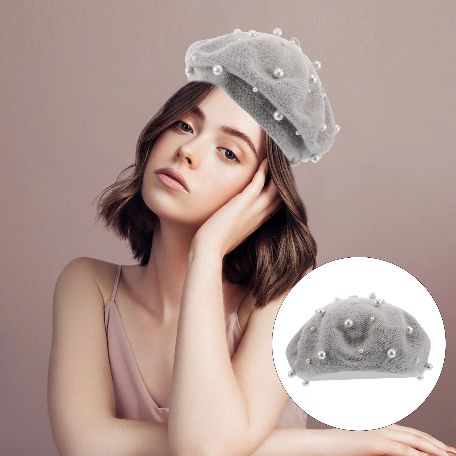 

Pearl Beret Women Berets French Style Hat for Autumn Girls Imitation Wool Vintage Bowknot Berets Adults Men