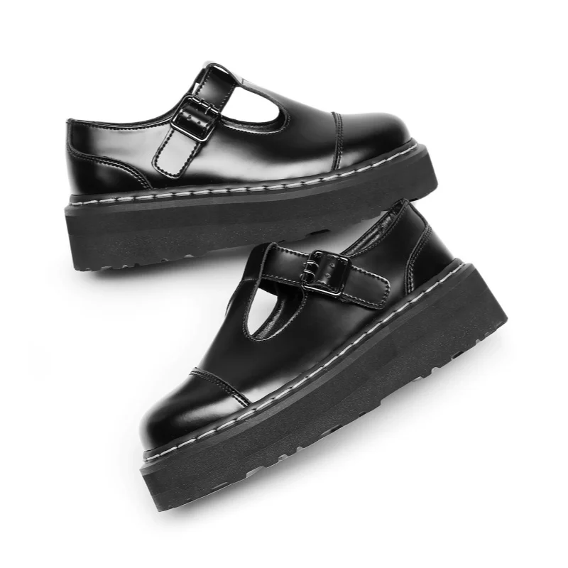 STRONGSHEN ファッションレディースシューズ本革プラットフォーム快適な T ストラップメアリージェーンズ革靴ラウンドトゥロリータ靴