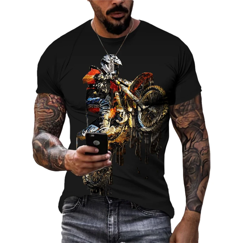 Fashion New Men's Motorcycle Pattern T-Shirt Street Cool Personality Fashion Short Sleeve Tops Trendy Handsome Hip-Hop Clothing