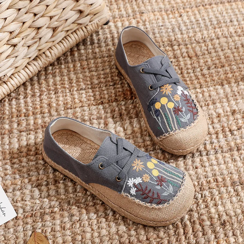 New Fashion Ethnic Style Women\'s Shoes Dandelion Embroidered Linen Shoes Tendon Bottom Hand-stitched Casual Cloth Shoes