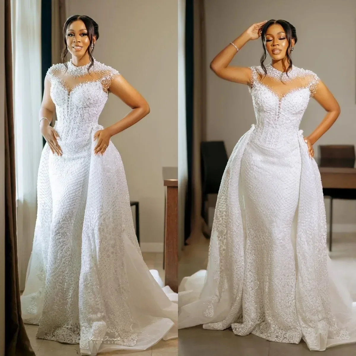 

Customized Stunning High Neck Beaded Lace Mermaid Wedding Dress With Detachable Train Cap Sleeve Robe De Mariee 2025