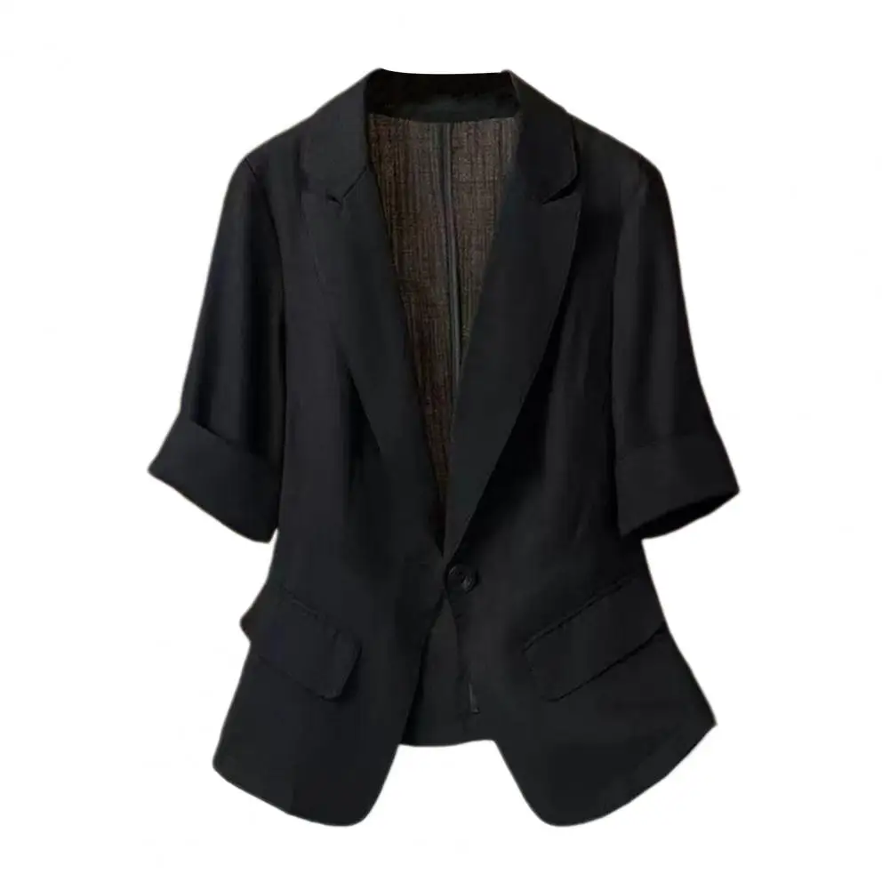 

Thin Summer Women Blazer Jacket Casual Button Solid Color Loose Blazer Coat Three-quarter Sleeves Suit Top Office