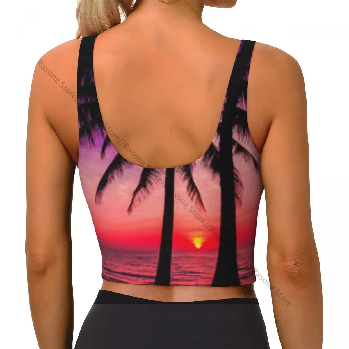 Yoga Vest Women Gym Sports Crop Tops Palm Trees Sunset Tropical Beach Coastline Streetwear Workout Breathable Tank Top Female