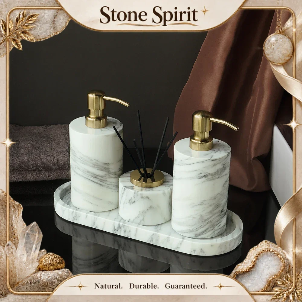 【Natural】Luxury White Arabescato Marble Bathroom Set Soap Dispenser, Cotton Swab Jar Tray | Modern Vanity Organizer Hotel Style
