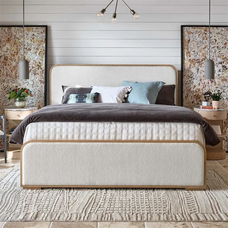 

Italian minimalist master bedroom solid wood bed Nordic modern fabric double bed cream wind lamb wool wedding bed 1.8 meters