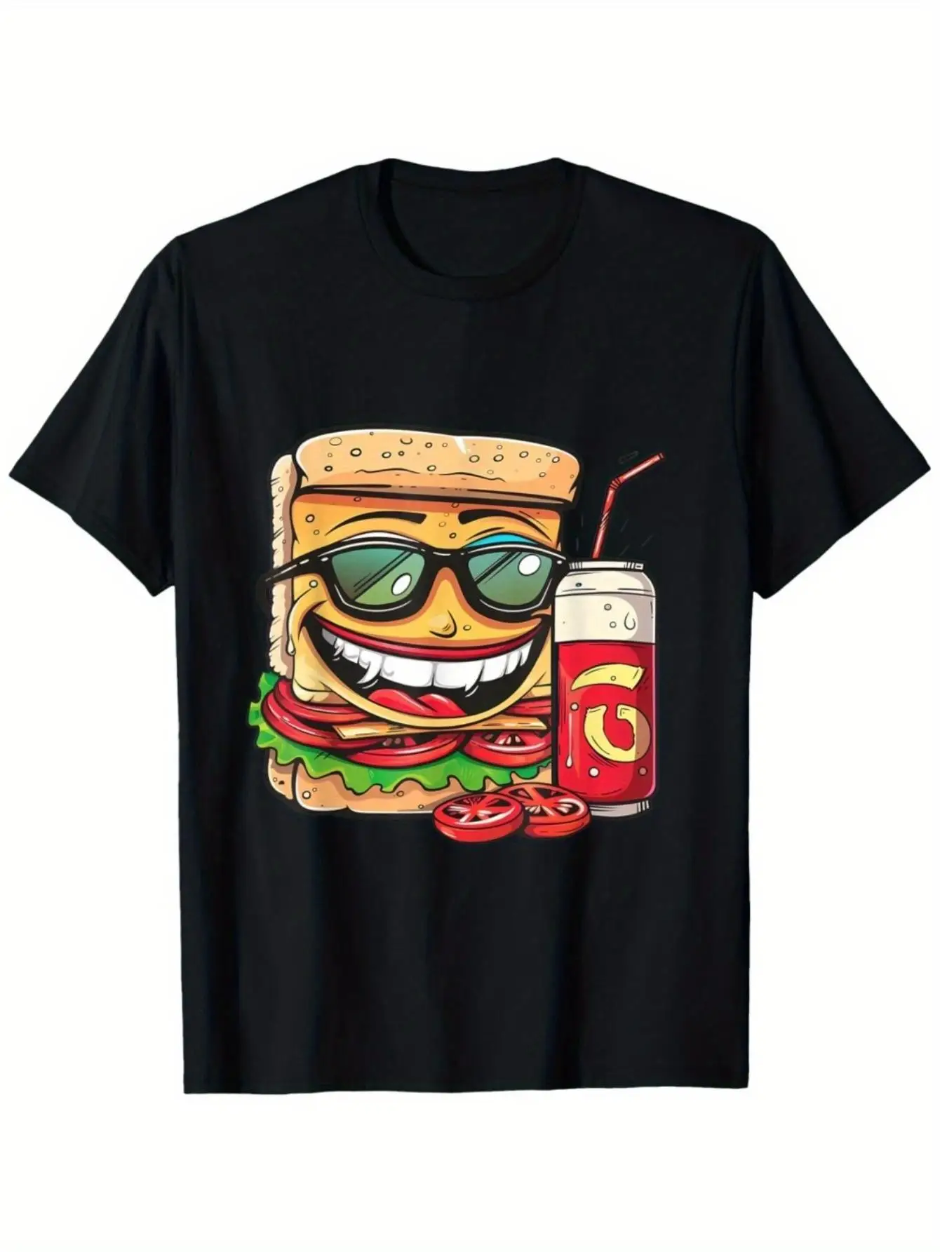 Camiseta Gráfica Negra Divertida para Hombre, Diseño de Hamburguesa, Gafas de Sol, Sonrisa, Vaso de Refresco, Tomate, Lechuga, Ilustración de Comida Rápida, 100% Algodón, Manga Corta, Estilo Casual Urbano