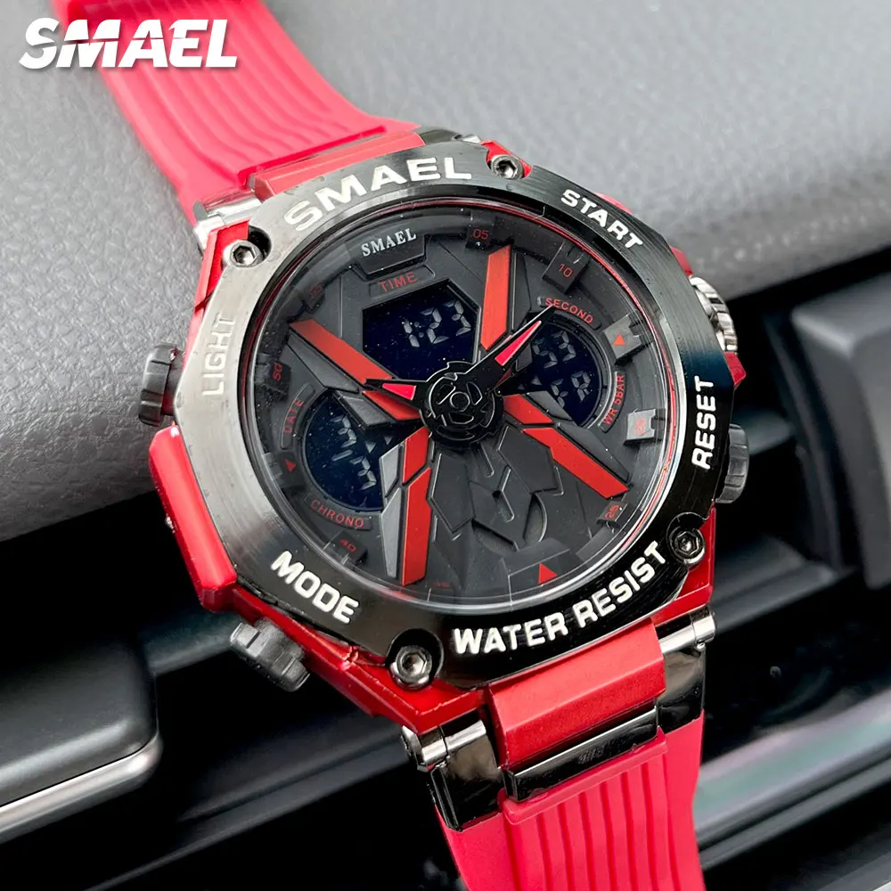 SMAEL Red Sport Digital Watch for Men Fashion Waterproof Dual Time Display Chronograph Quartz Wristwatch with Date Week 8087