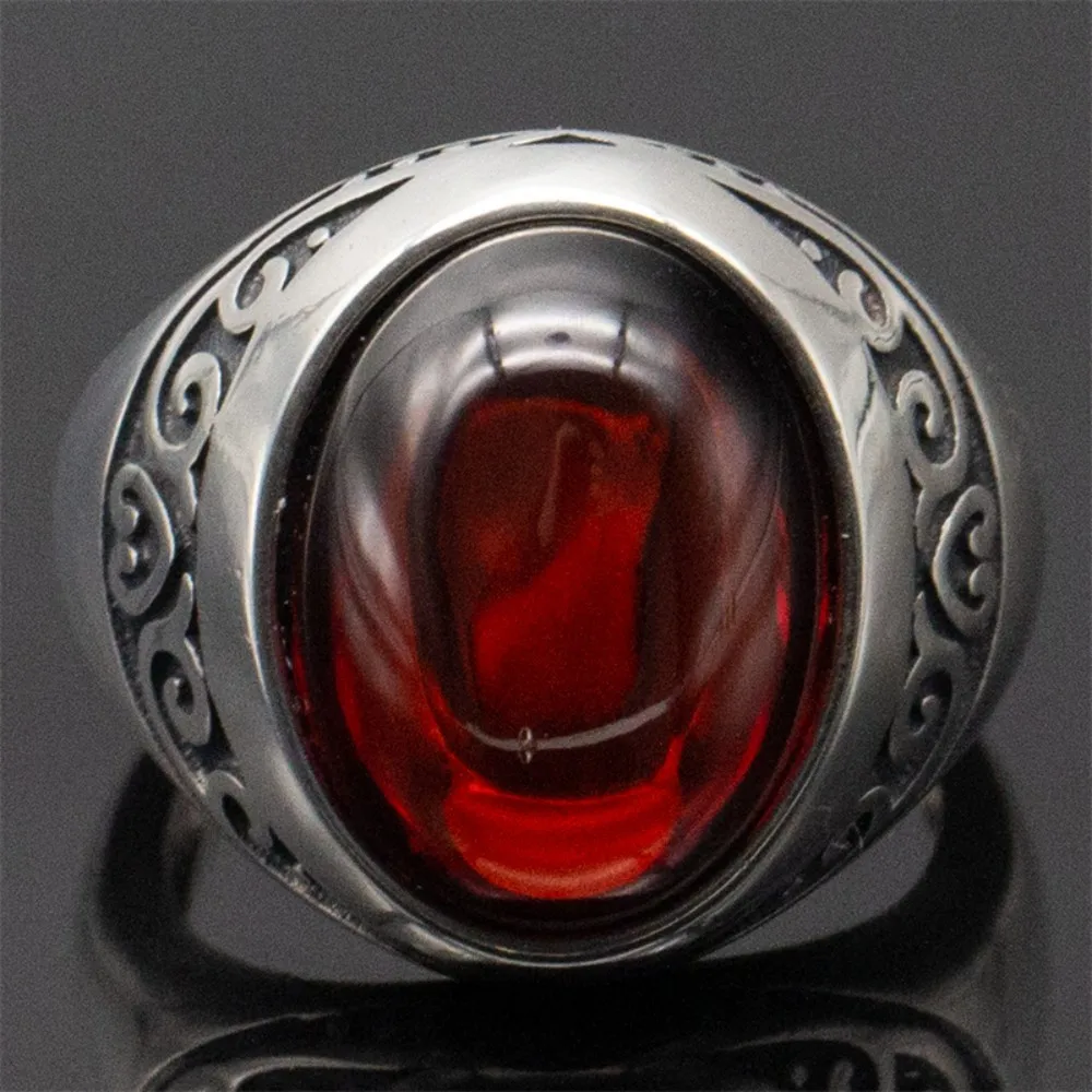 Wholesale 925 Sterling Silver Male Ring Red Cubic Zircon Stone Handmade Vintage Classic Simple Men Silver Ring 925 Natural Stone