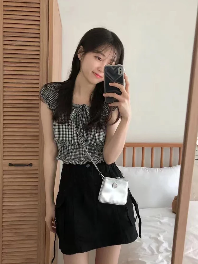 

Slim Fit Plaid irt Women Summer Sle Chic ort Bubble Sve Top Korean Version Velvet Material 8-24 Years Old
