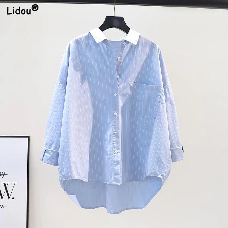 Women\'s Clothing 2023 Striped Simplicity Fashion Casual Spring Summer Thin Pockets Turn-down Collar Button Loose Formal Blouses