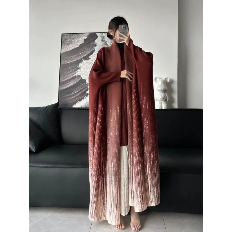 KAF Pleated Loose Large Size Women Trench Coat 2024 Spring and Fall New Lapel Long-sleeved Cardigan Retro Design Jacket Abaya