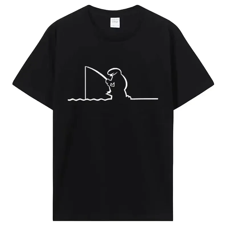 

One Line Fisherman Fishing T Shirt Men's Cotton Casual Short Sleeve Crewneck Tee Trip