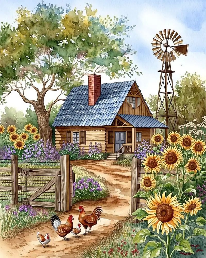 CHENISTORY Farmhouse with chickens and sunflowers
