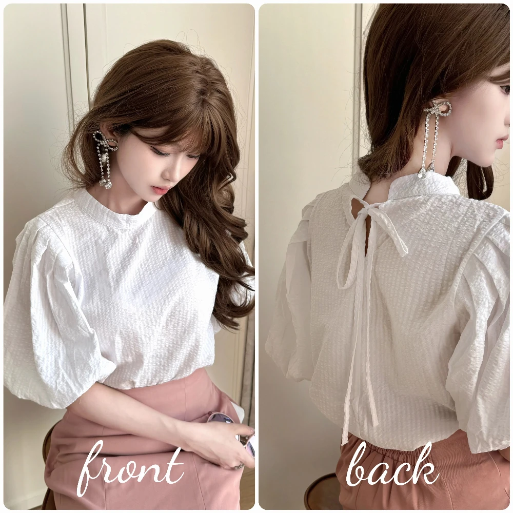 Japanse stijl elegante zoete shirts ronde hals terug vetersluiting boog bubble mouw eenvoudige commuter veelzijdige blouse tops dames zomer