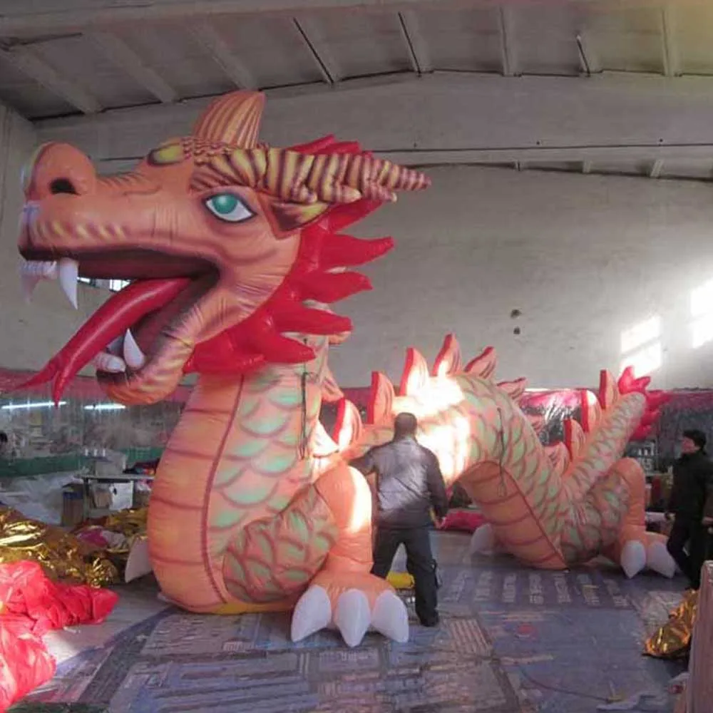 Dragon Gonflable Traditionnel en Bois Vert de 10m, Modèle de Mascotte de Dessin Animé Chinois pour Décoration de Vacances