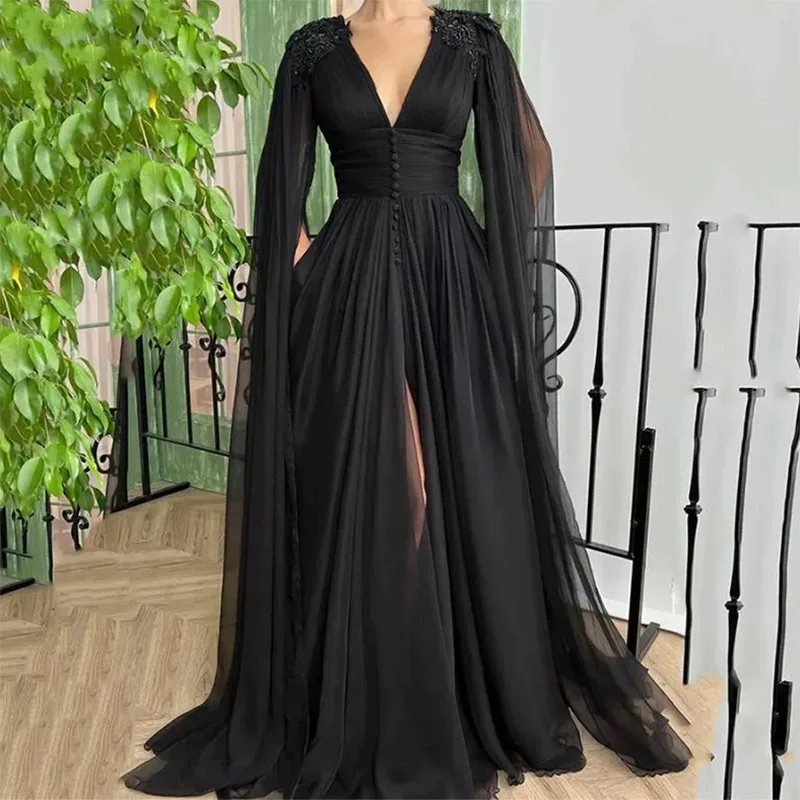 

Elegant A-line Black Prom Dresses V Neck Sexy Split Applique Evening Gowns Floor Length Prom Dresses Vestidos De Fiesta