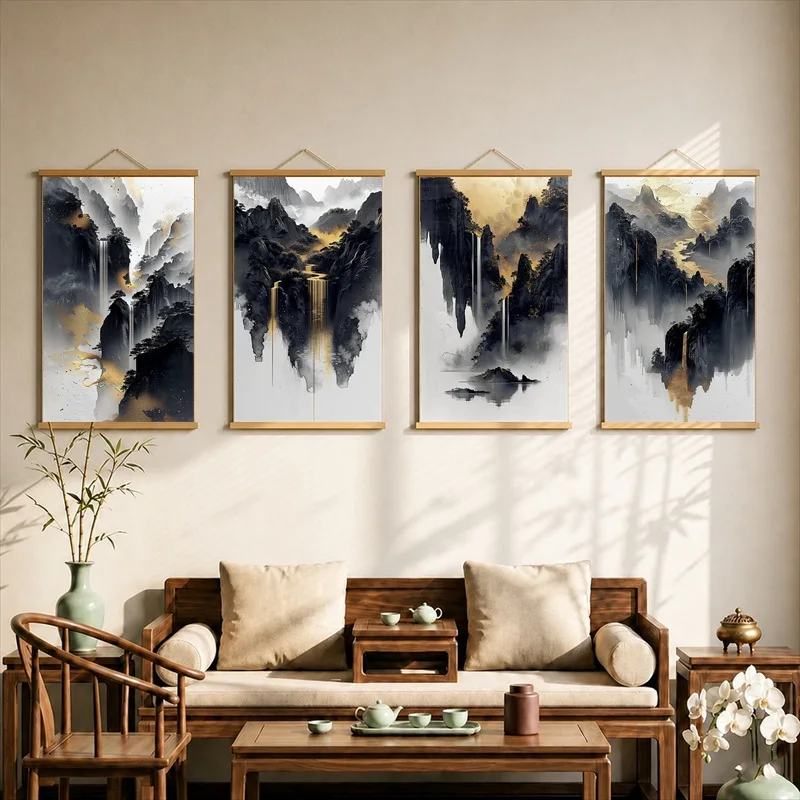 Wall Decor Golden Mountains and Waterfall, Chinese Landscape Pearlescent Canvas Hanging Scroll Decor for Furniture Showroom