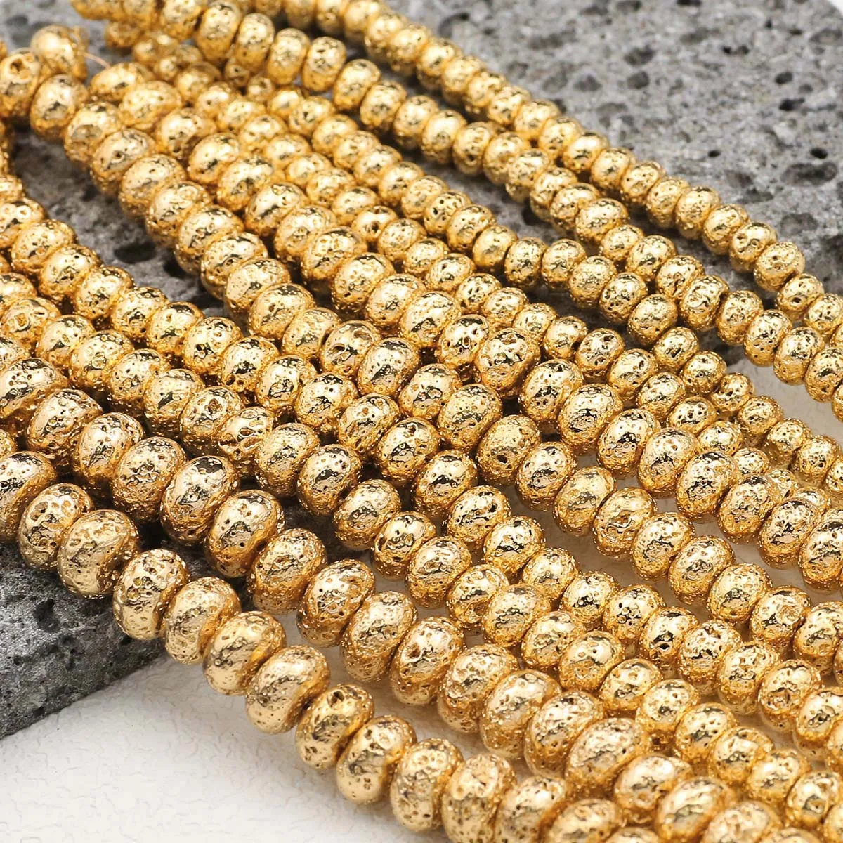 6/8/10mm Natural Volcanic Rock 14K Golden Lava Stone Oval Spacer Loose Beads for Jewelry DIY Women Earrings Bracelet Accessories