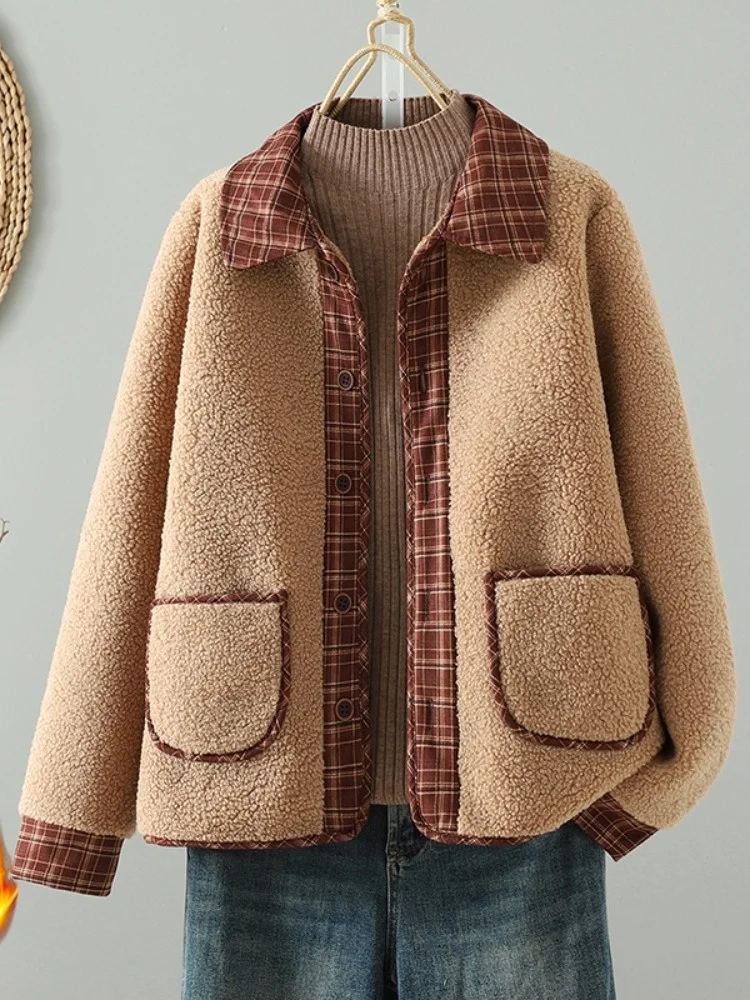 Trendy Patchwork Plaid Particelle di grandi dimensioni Fce Cotton Jaet Donna Inverno Mamma Vestiti Cappotto di cotone caldo e sciolto in pelliccia di agnello