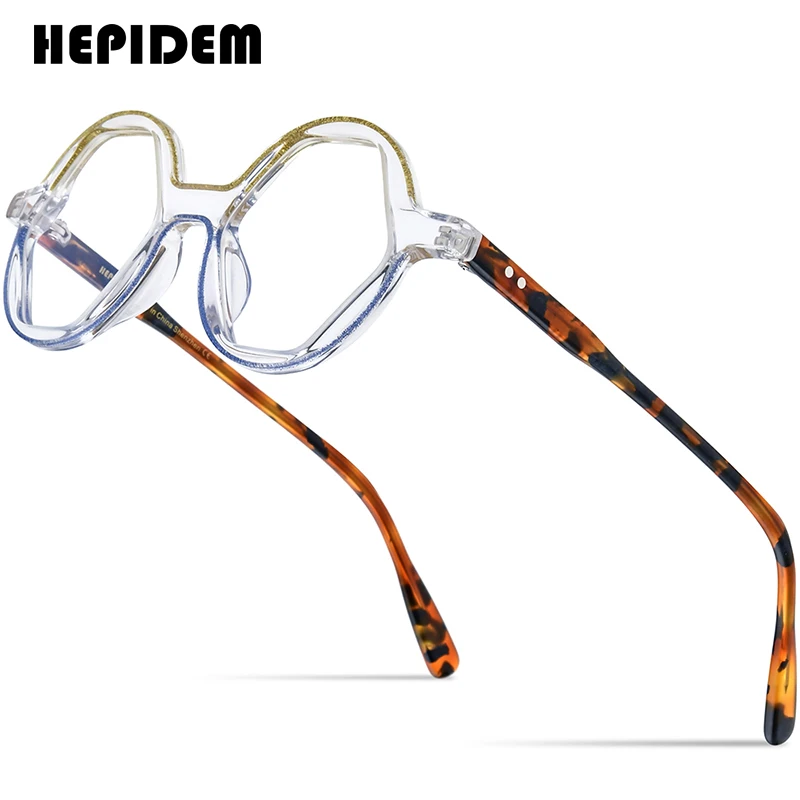 HEPIDEM Powder Acetate Glasses Frame Men 2022 Vintage Polygon Eyeglasses Women Optical Spectacles Eyewear 9301