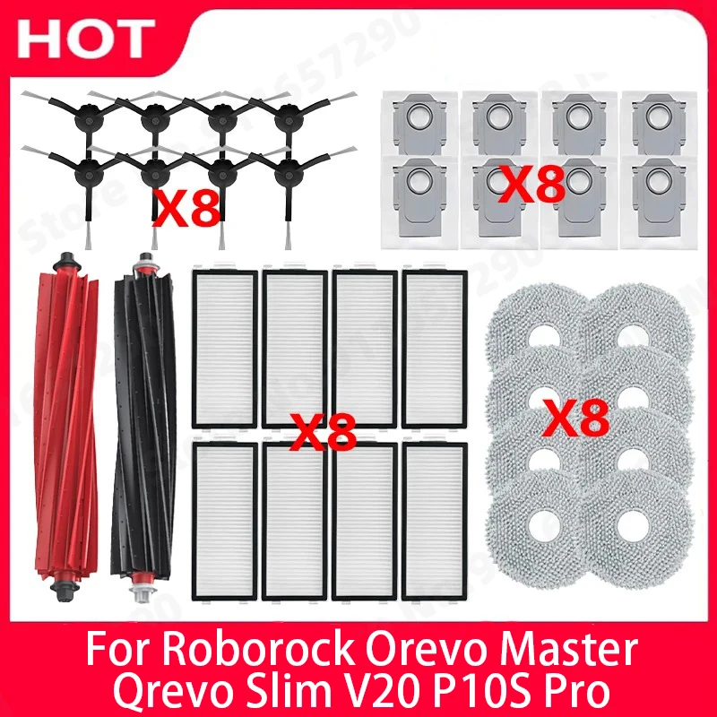 Kompatibel mit Roborock Qrevo Master, Qrevo Slim, V20, P10S Pro Hauptbürste, Seitenbürste, HEPA-Filter, Wischpads, Staubbeutel, Ersatzteile und Zubehör
