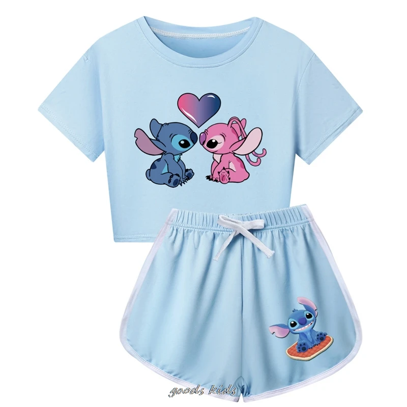 Lilo And Stitch T-shirt Shorts Leisure Sports Suit Girls Clothing Set Baby Boys Homewear Suit Big Kids Summer Tshirt Best Gift