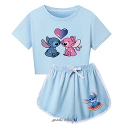 Lilo e Stitch camiseta e shorts, terno esportivo de lazer para meninas, conjunto de roupas para bebês meninos, terno Homewear para crianças grandes, melhor presente do verão