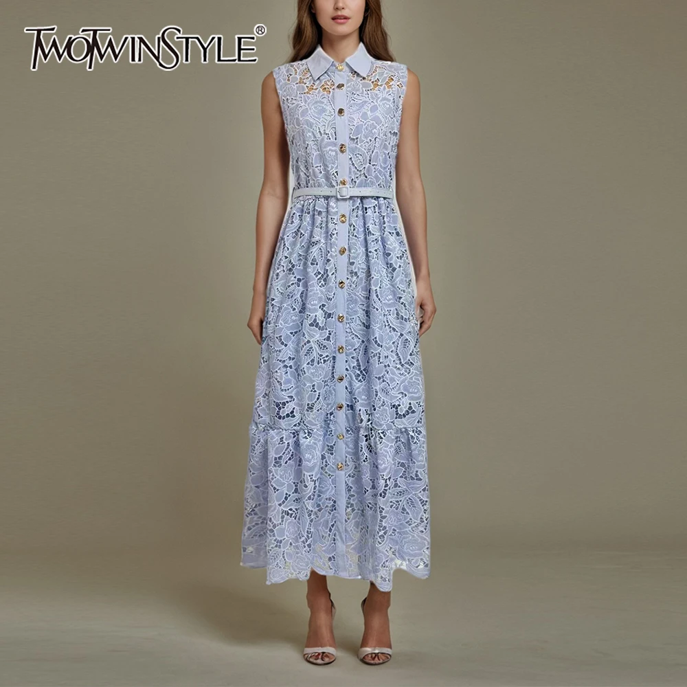 

TWOTWINSTYLE Solid Hollow Out Spliced Single Breasted Elegant Dresses for Women Lapel Sleeveless Patchwork Belt Dress Female New