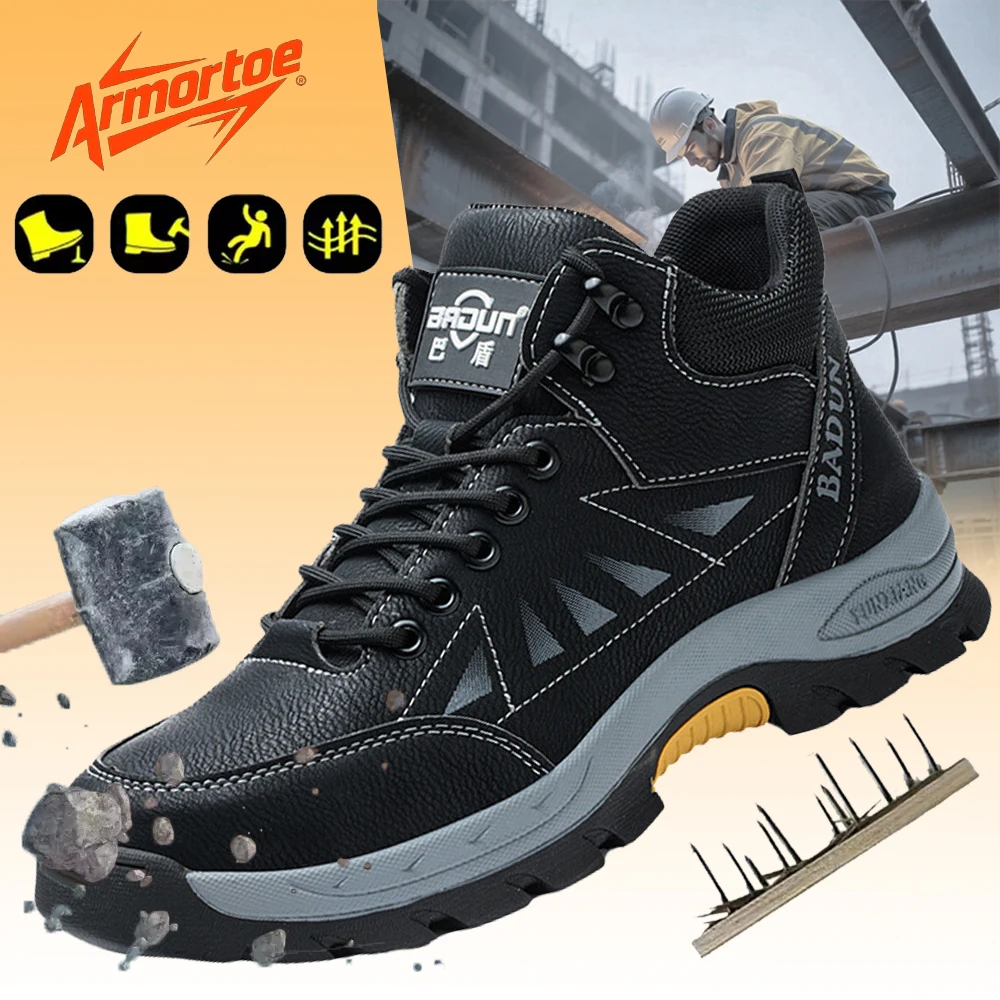 

ArmorToe Leather Steel Toe Mid Cut Safety Boots Puncture Proof Zipper Work Shoes Non-Slip Industrial #Armor3001