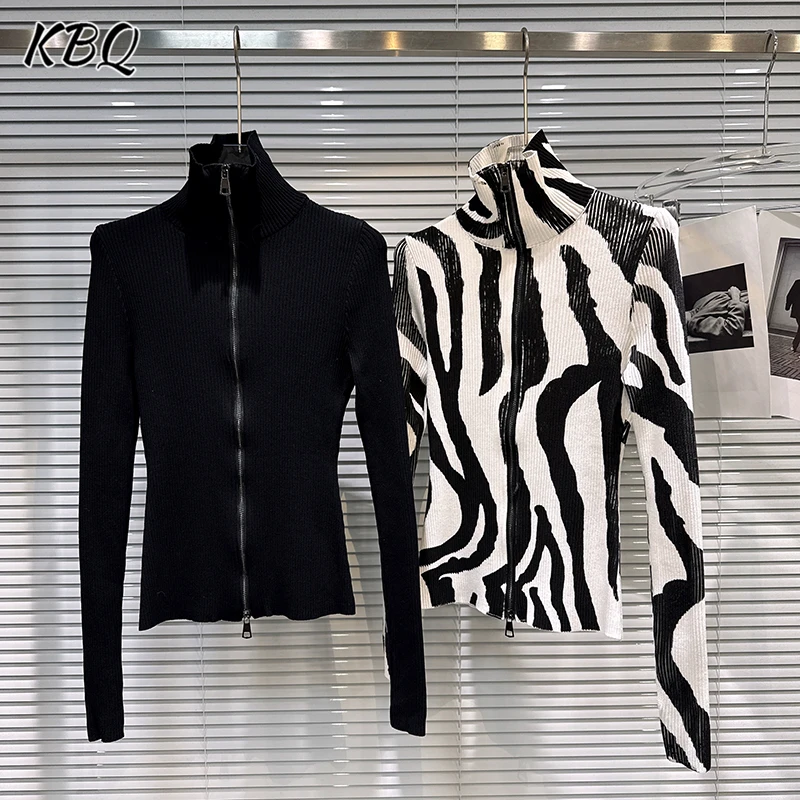 

KBQ минималистичный вязаный свитер на молнии для похудения для женщин, воротник-стойка, дизайн с длинными рукавами, новый свитер, женский зимний новый