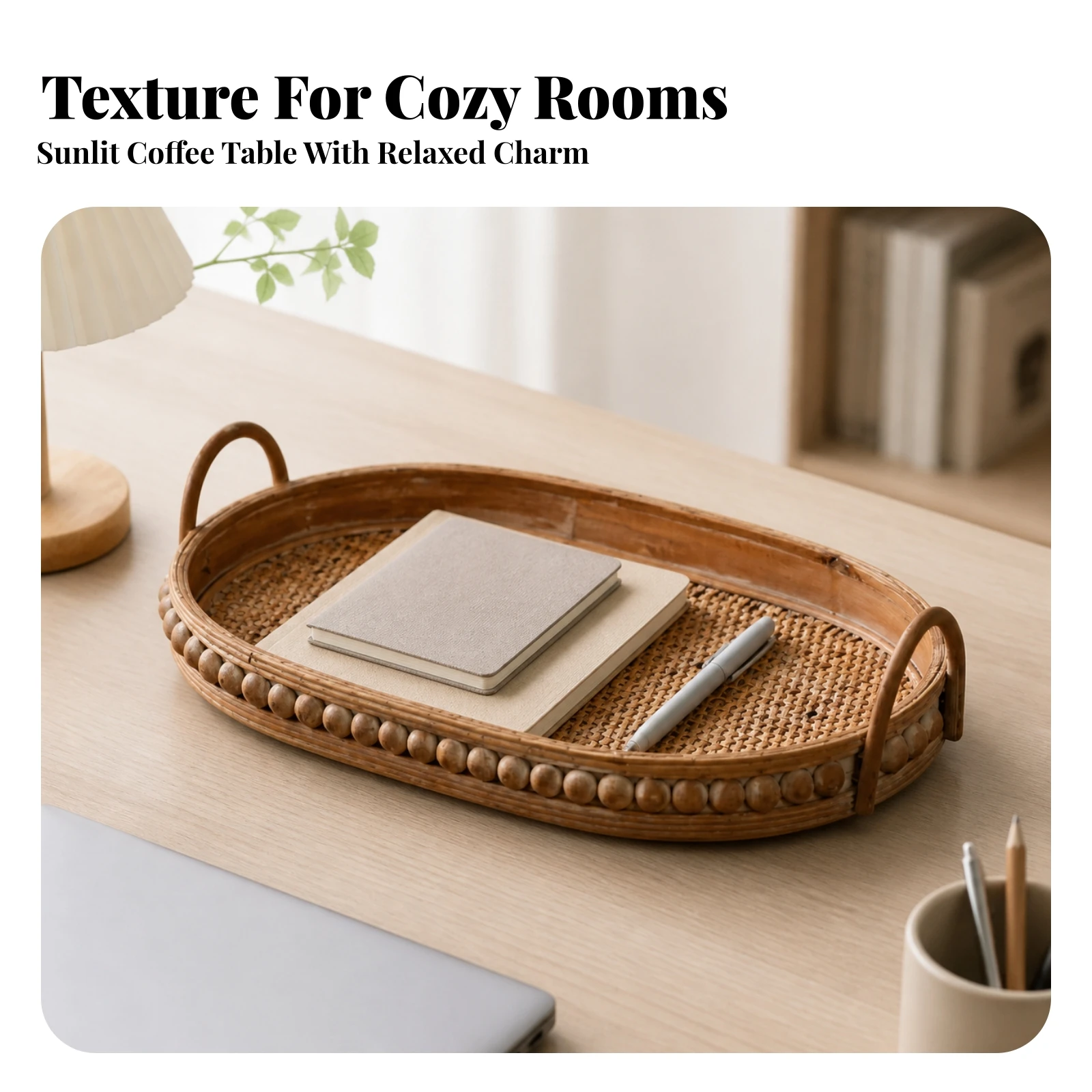 Oval Woven Tray with Handles Easy-to-Carry Woven Serving Tray with Beads Multipurpose Versatile for Desktop Storage, Tea Corner