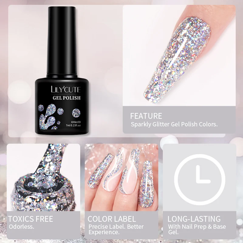 LILYCUTE 7 قطعة 7 مللي بريق جيل للأظافر مجموعة طلاء أظافر رائع عارية الوردي عاكس شبه دائم نقع قبالة الأشعة فوق البنفسجية لتقوم بها بنفسك مسمار الفن مجموعة أدوات مانيكير