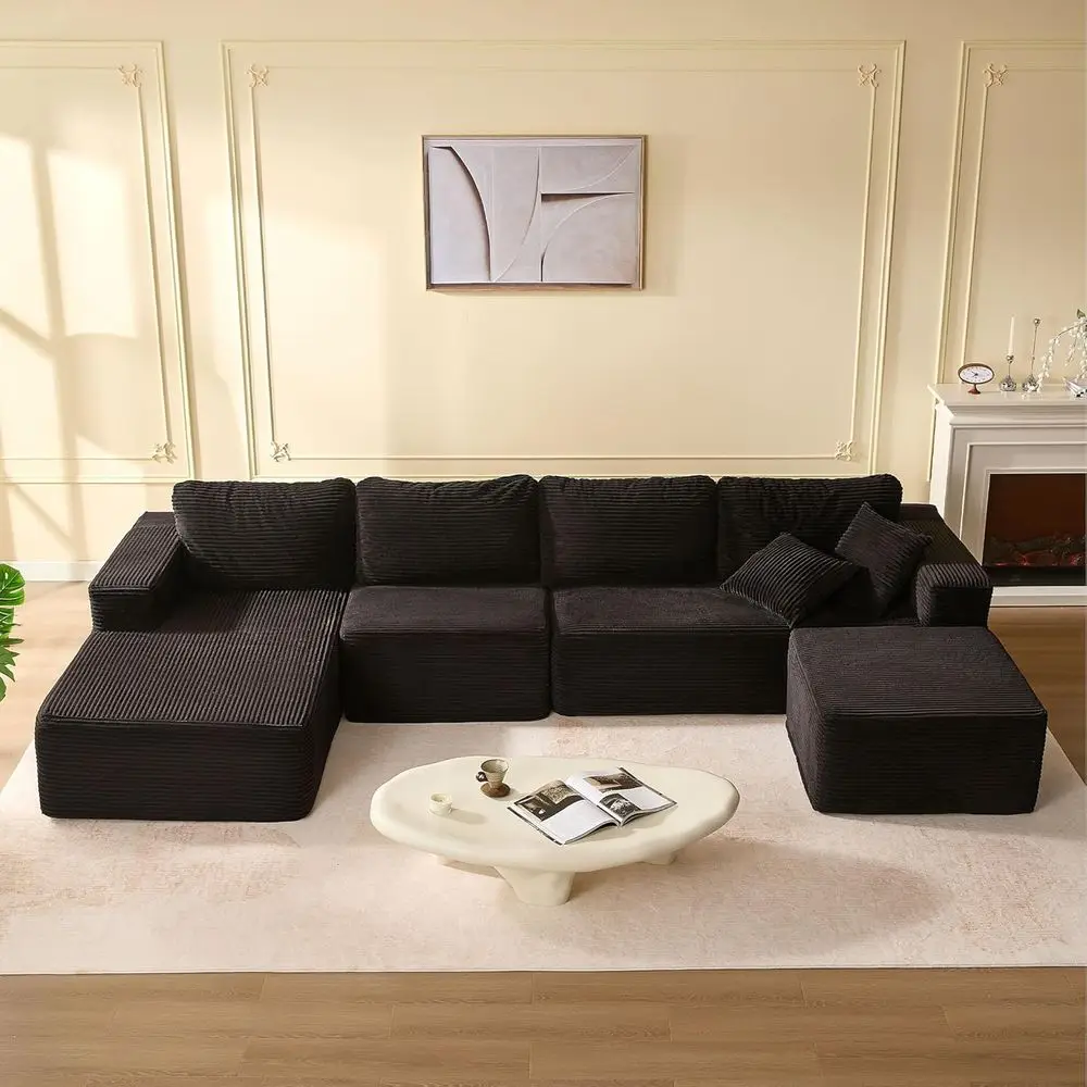 

U-Shaped 4-Seater Deep Seat Sectional Sofa, Corduroy, Black, Living Room, No Assembly Needed