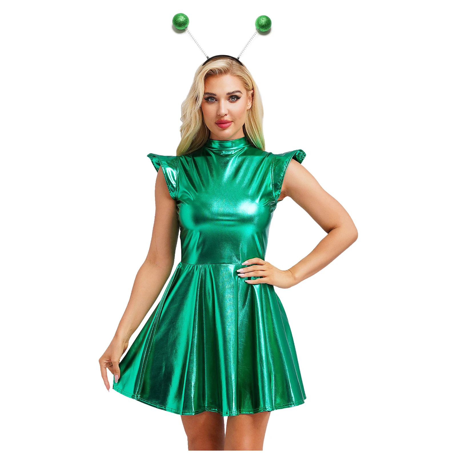 

Women Fashion Metallic A-line Dress And Antennas Ball Headwear for Themed Parties Halloween Alien Robot Role Play Fancy Dresses