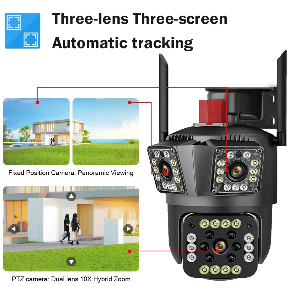 HD 8MP PTZ WiFi 4K  Camera 6K 12MP Three Screens 8X Zoom Security Protection Motion Human Detection Outdoor IP CCTV Survalance