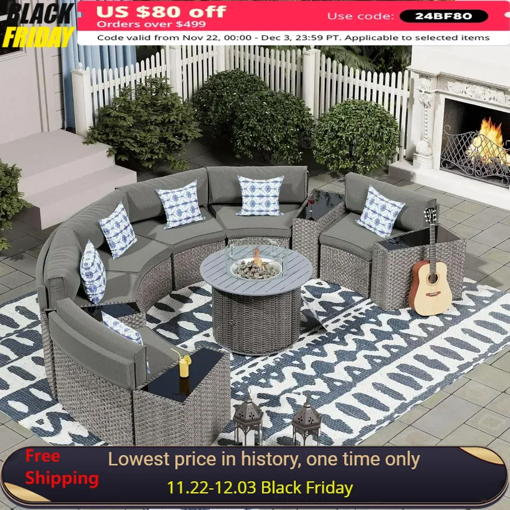 

Patio Furniture Set with Fire Pit Table,Integrated Outdoor Sectional 11 Pcs Rattan Modular Curved Sofa Set with Propane Fire Pit