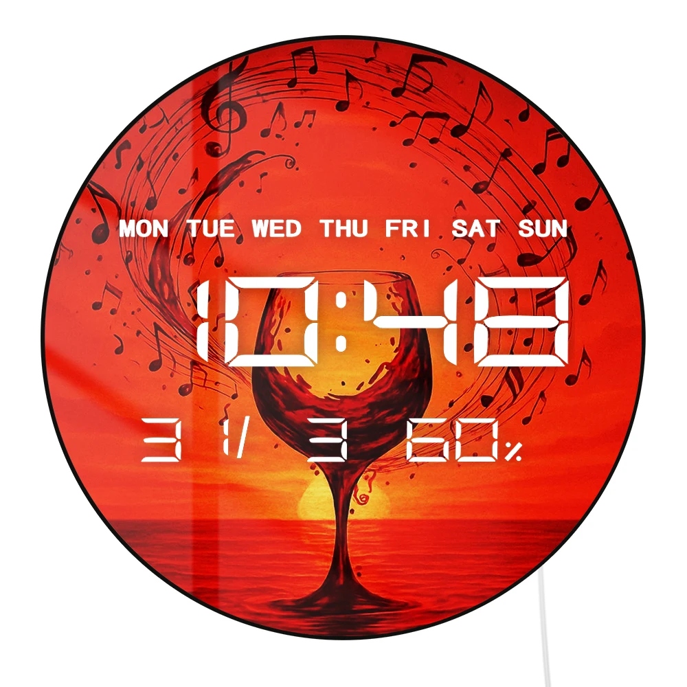 Red Wine Music Notes LED Digital Clock Timer Wall Desk Use Auto Dimming 12/24hr Electronic Clock with Calendar Date Temperature