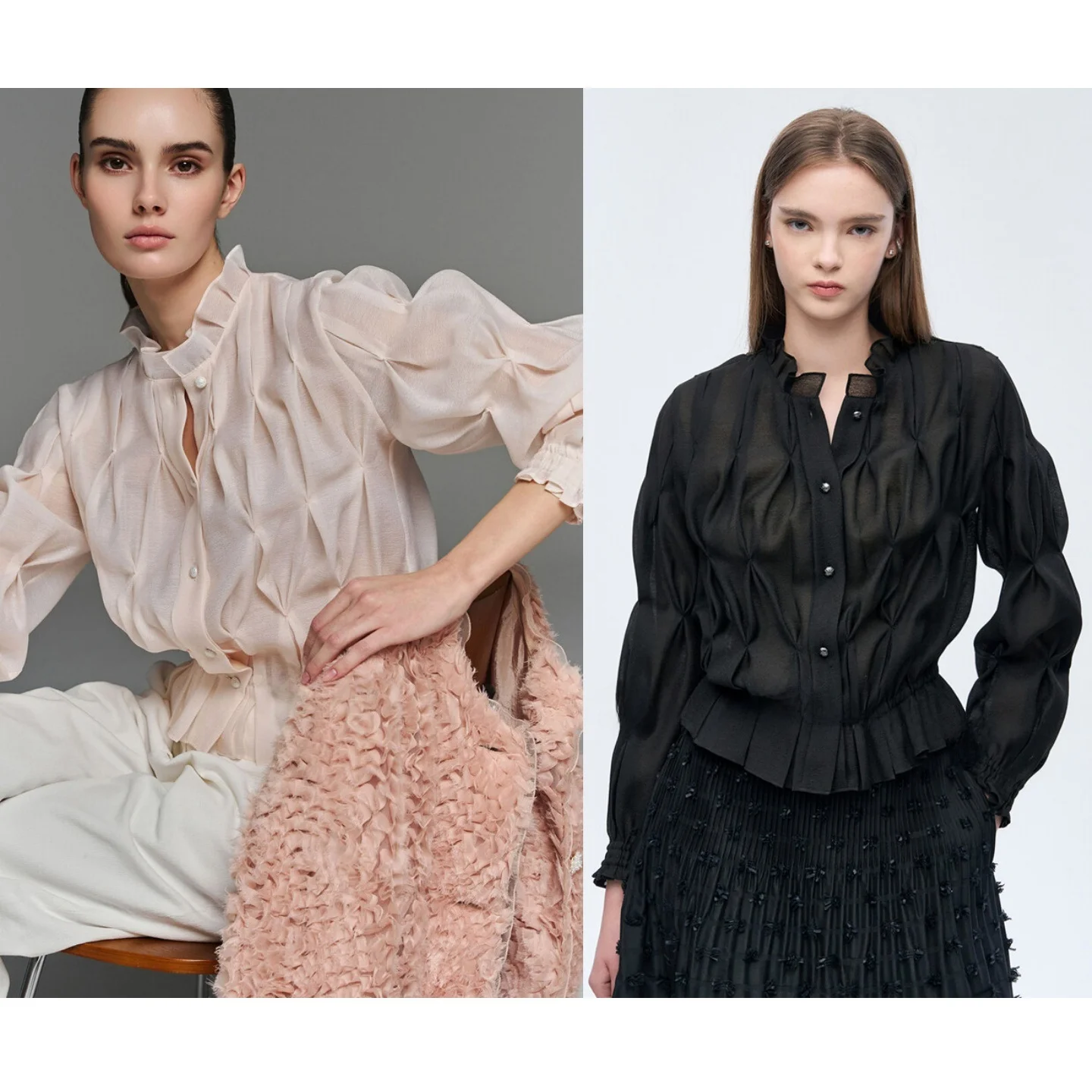 

Ele Korean Sle Pleated irt Earlet Collar Folded Commute Versatile Sweet Temperament Small Top Breathable Skin-Friendly