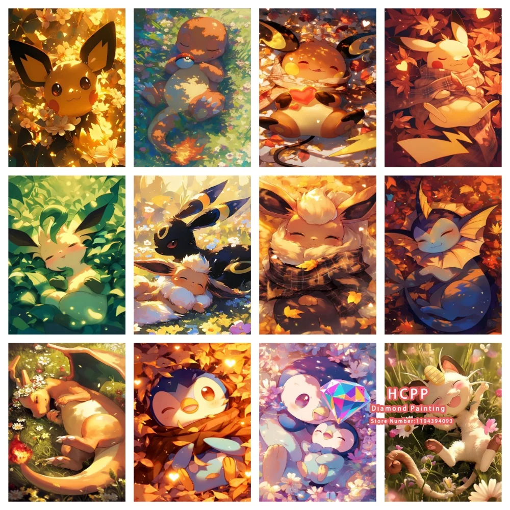 Cartoon Pokemon Pikachu Charizard Eevee Vulpix Quadratisches Rundes Diamant-Malset 5D DIY Kunsthandwerk Heimdekoration Festivalgeschenk