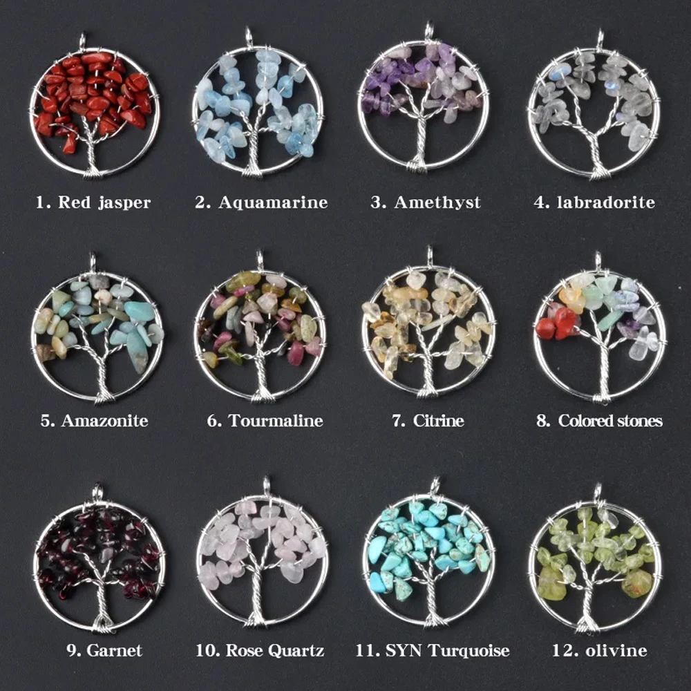 2pcs/Set 30mm Natural Stone Crystal Pendant Tree of Life Chakra Pendulum Charms for Jewelry Making Necklace Earrings Accessories