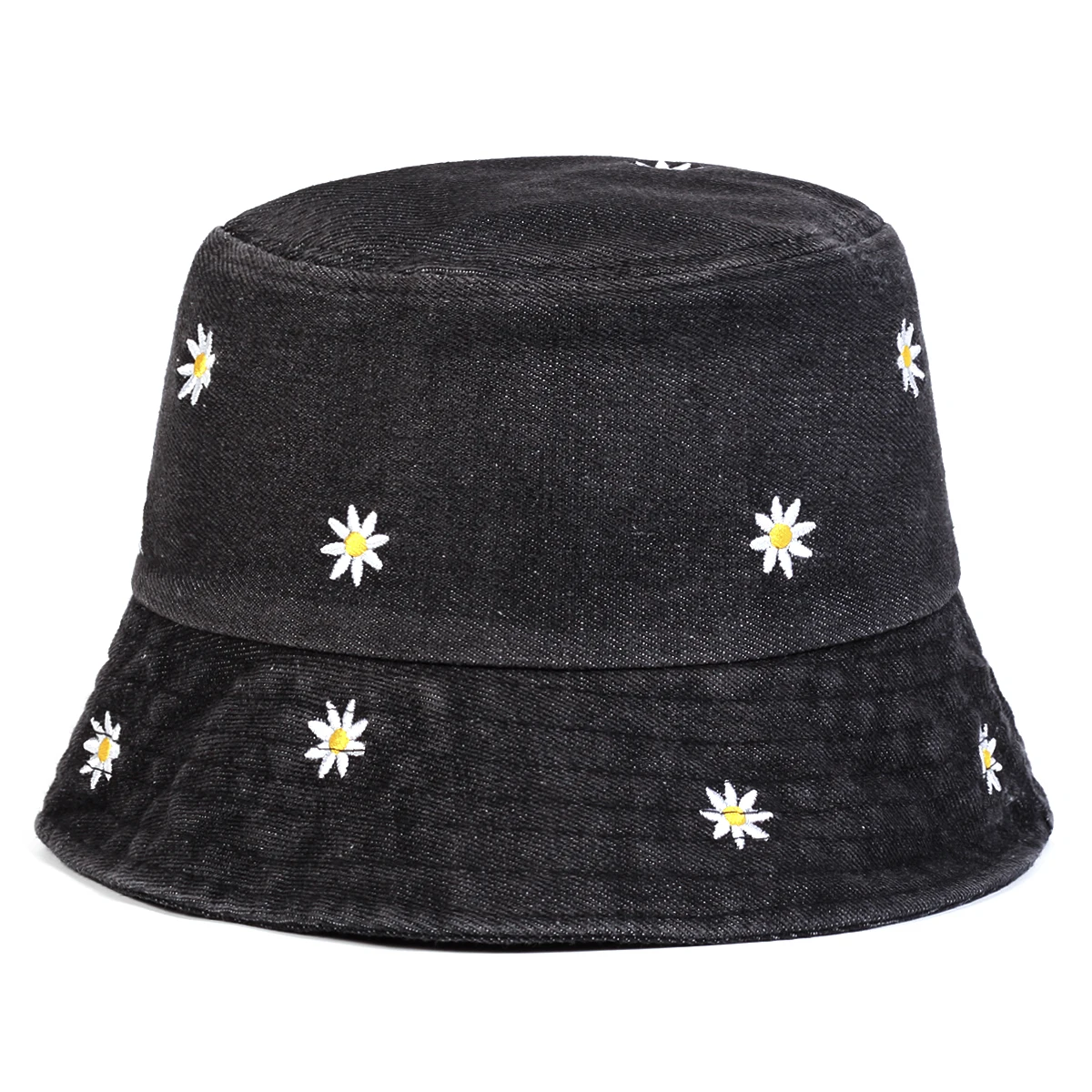 Unisex Daisy Embroidery Denim Bucket Hats Fishermen Caps Outdoor Casual Cap Sunscreen Hat