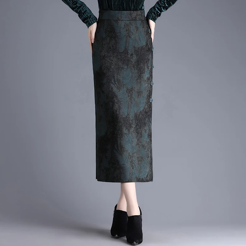 ZUZK Double Slit Qipao Skirt Women's Spring Autumn New Style Retro High Waisted Printed Bag Hip Skirt Mid-length One Step Skirt