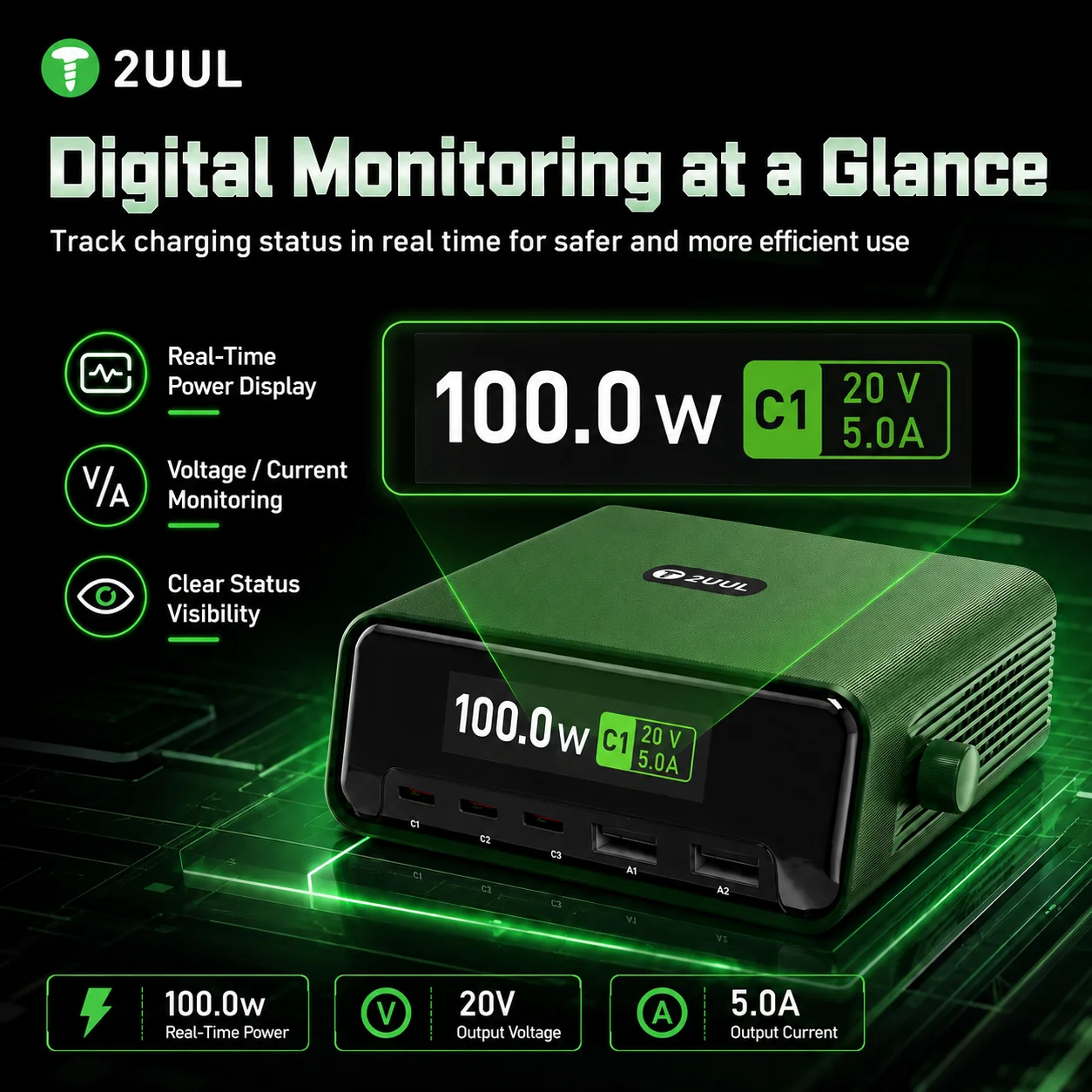 

2UUL PC12 100W Digital Monitor Multi-Port Desktop Charger 3 Type-C 2 USB-A Fast Charging Station for Phone Tablet Laptop