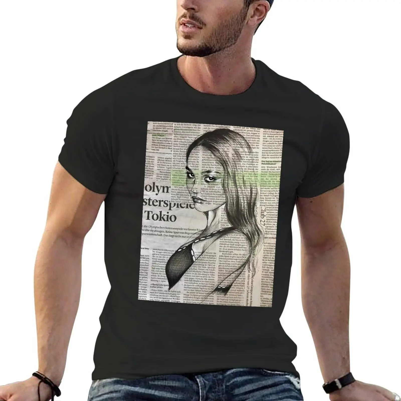 Lily Rose Depp portrait on newspaper T-Shirt custom shirt anime figures Men's cotton t-shirt